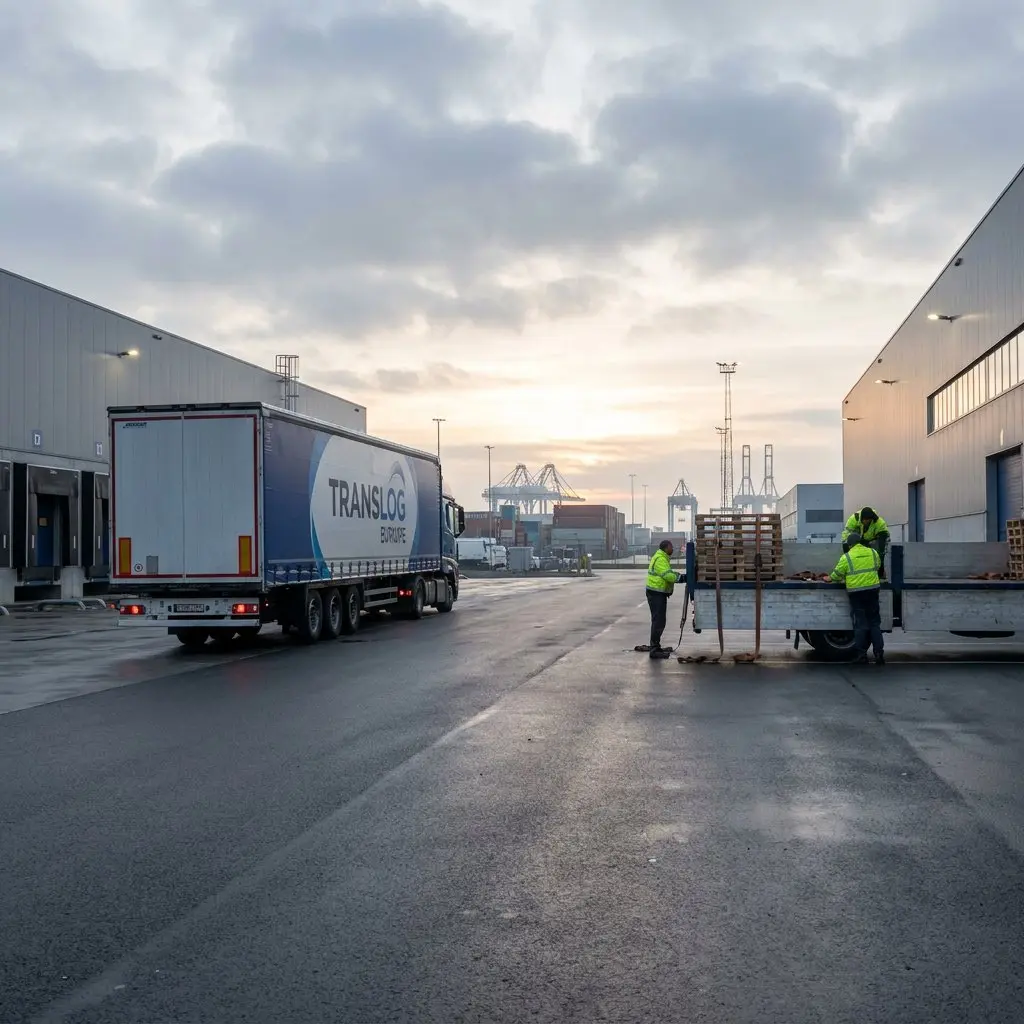 Euro-Trans Logistics truck at the loading dock of a port distribution centre
